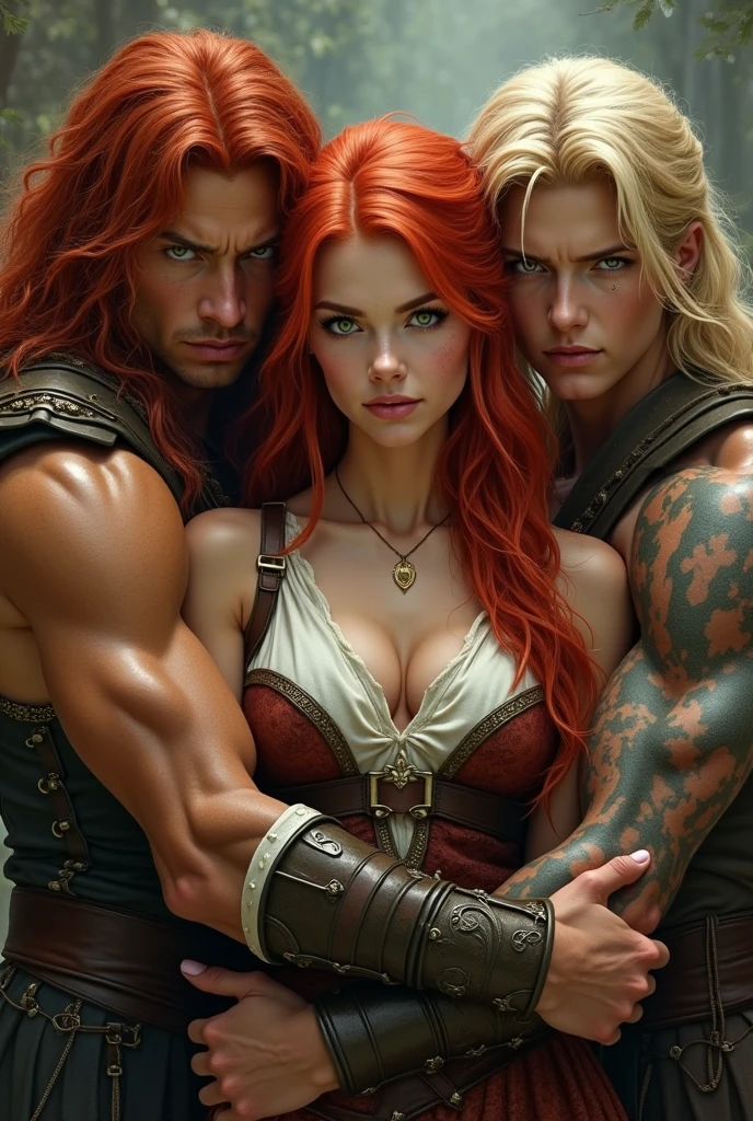 beautiful female warrior with red hair and green eyes, In a love triangle with two male warriors, one with long red hair and caramel skin hugs her lovingly, and another man with short blond hair seduces her, and she is confused