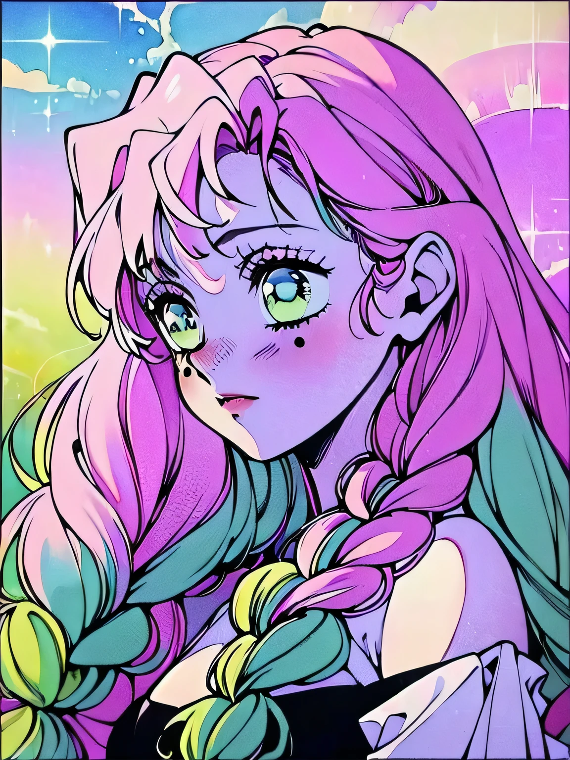 (8k, best quality, masterpiece:1.2),(best quality:1.0), (ultra highres:1.0), watercolor, a beautiful woman, shoulder, hair ribbons, by agnes cecile, half body portrait, extremely luminous bright design, pastel colors, (ink:1.3), autumn lights, pink hair, green eyes, (green highlights), green braids, ulzzang,