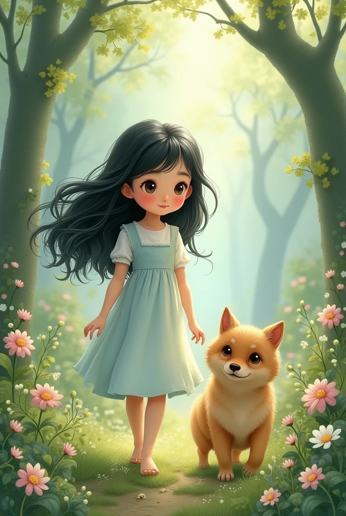 Cute cartoon, a beautiful child walking in the forest with her dog, blackquality hair, delicate and happy face, enchanted facial expression, espiritual, dreamy portrait style, delicate flowers, delicate soft colors, shabby chic, sleepycore, watercolor style, tons pastel
