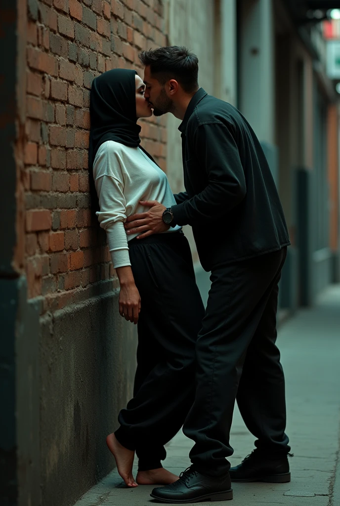with black headscarf, white long sleeve t shirt, baggy black sweatpants, barefoot sexy skinny woman. Man kissing woman with her back against the wall on the street. Another man touches woman's butt.