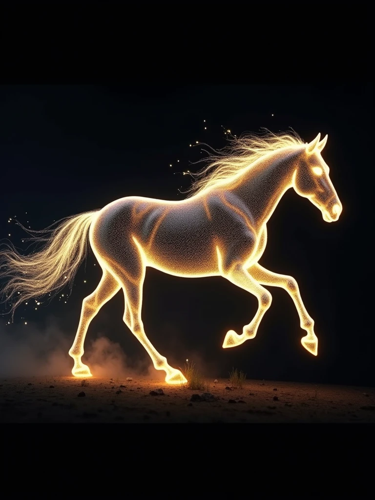 A hyperrealistic refined image with luminescent fireflies forming the profile of a running horse. The edges of the horse are not clear. Black background. Only black and luminescent light from the fireflies. Great attention to details, textures, and light. 4K resolution.
