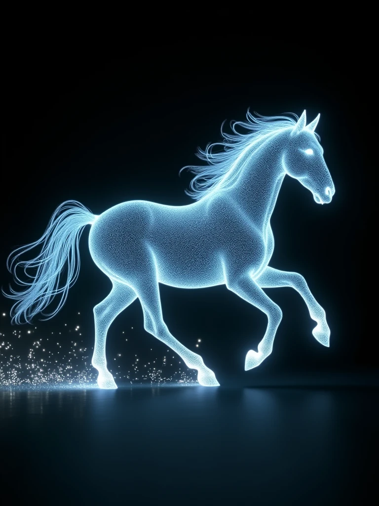 A hyperrealistic refined image with luminescent fireflies forming the profile of a running horse. The edges of the horse are not clear. Black background. Only black and luminescent light from the fireflies. Great attention to details, textures, and light. 4K resolution.