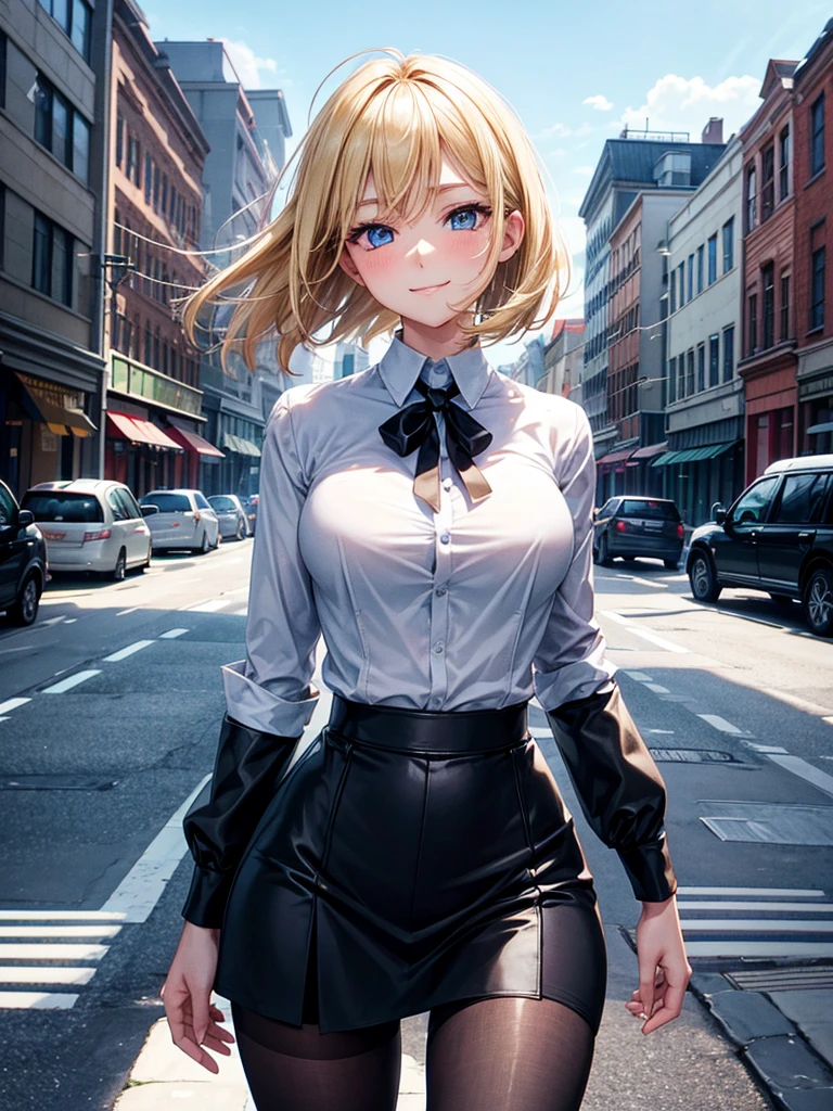 Anime style, super fine illustration, highly detailed, beautiful detailed, perfect detailed, super high quality image, static representation, gentle expression, happy expression, the pretty image, super stylish, 8k, pretty 1girl with blonde straight short hair & blue eyes & a bright smile & full bust & soft fair skin is a career woman who is very hard working not to show her skin wearing big business shirt & black tight skirt & black hose on the urban business buildings street, in the morning, solo, perfect fingers, no more fingers, no less fingers, perfect arms, no more arms, perfect legs, no more legs, no more hair, masterpiece.