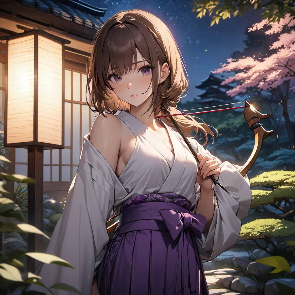 High resolution, masterpiece, 最high quality, Very detailed, high quality, Textured skin, Brown Hair, Natural look, Japanese garden,night,Cinema Lighting, Purple Hakama,chest, born,Professional photography,Cinema Lighting, 丸いchest,Holding a bow,