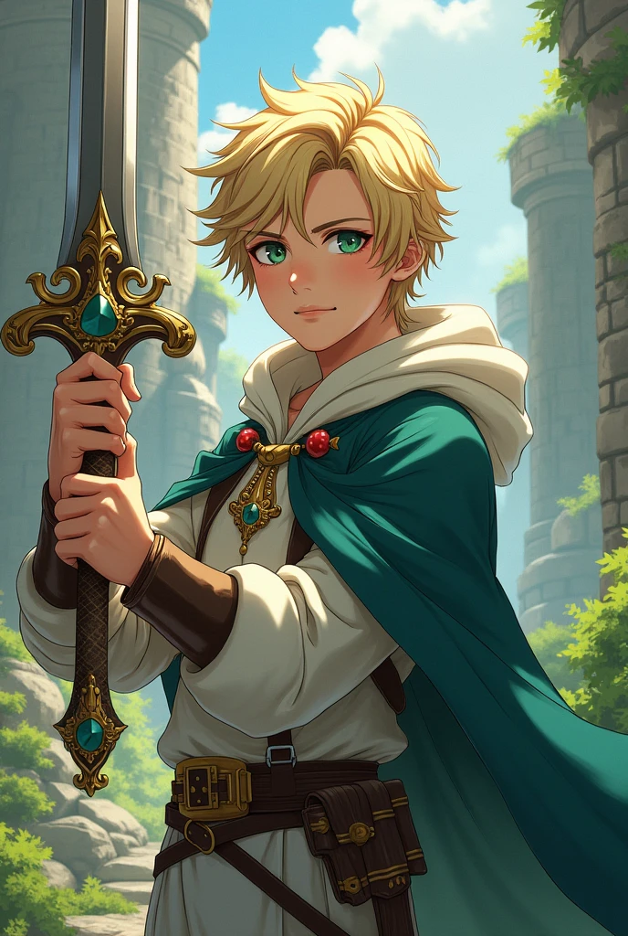 Japanese anime style: Young man with blond hair and green eyes, wears casual medieval clothing, holds a sacred sword and has a determined look but has a gentle expression for being young