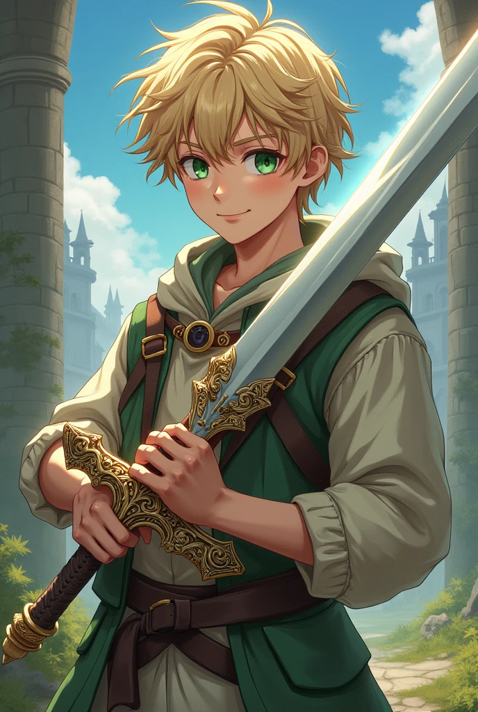 Japanese anime style: Young man with blond hair and green eyes, wears casual medieval clothing, holds a sacred sword and has a determined look but has a gentle expression for being young