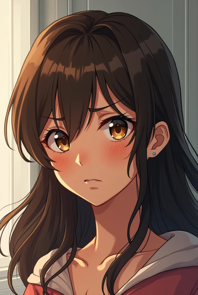 female character, brownhair, brown skin, . eyes browns. anime character. frowning, appearance of stress and anger
 
