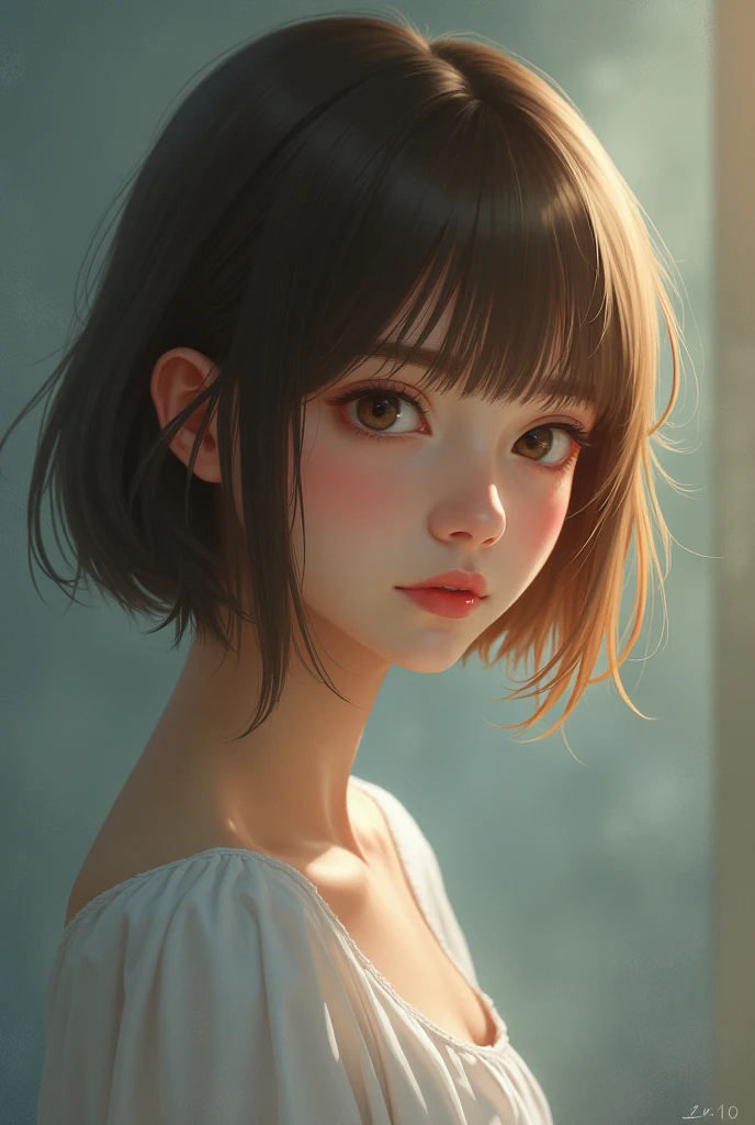 A girl,short shoulder length hair,Medium nose and light brown