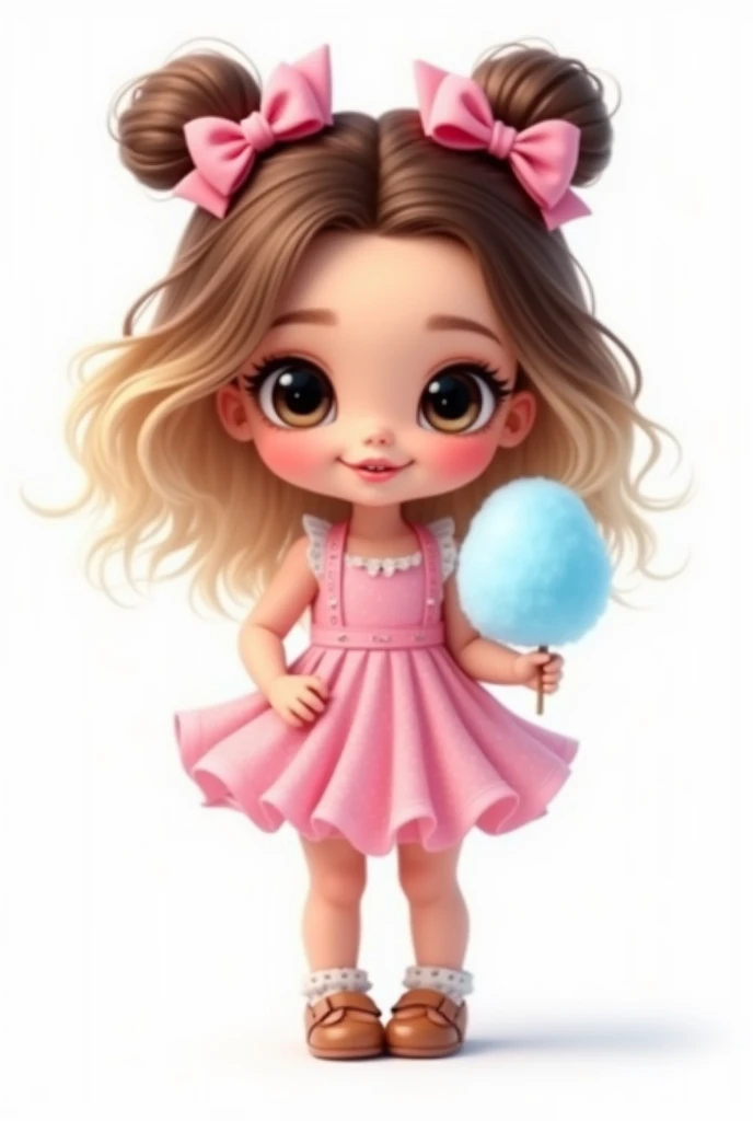 digital illustration baby girl kid, realistic, imvu style, extravagant, vivid picture, (masterpiece, best quality:1.2),，barbie, big eyes，ombre blonde brown hair, pink fushia bow in hair, Cute expression，with light blue cotton candy in hand, perfect, nitid, center photo, white background, smiling, flower shoes, flower shoes, brown shoes, smiling, standing, fullbody, center photo
