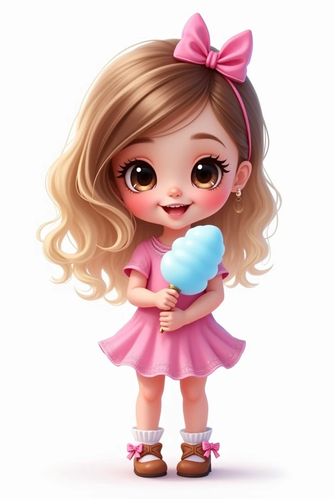 digital illustration , realistic, imvu style, extravagant, vivid picture, (masterpiece, best quality:1.2),,barbie, big eyes,ombre blonde brown hair, pink fushia bow in hair, Cute expression,with light blue cotton candy in hand, perfect, nitid, center photo, white background, smiling, flower shoes, flower shoes, brown shoes, smiling, standing, fullbody, center photo