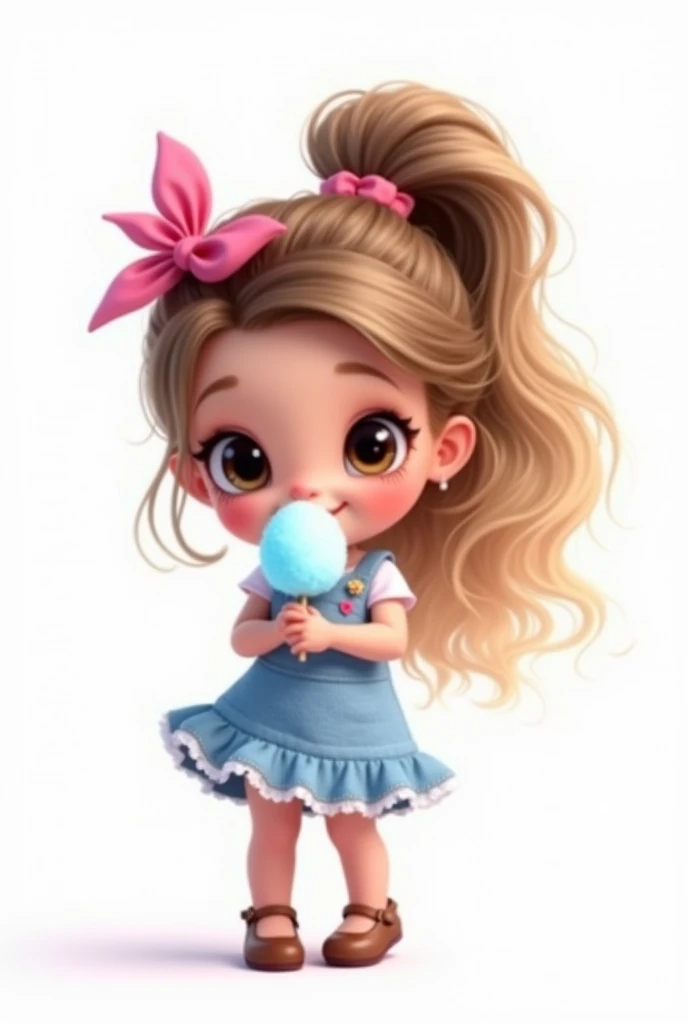 digital illustration baby girl kid, realistic, imvu style, extravagant, vivid picture, (masterpiece, best quality:1.2),，barbie, big eyes，ombre blonde brown hair, pink fushia bow in hair, Cute expression，with light blue cotton candy in hand, perfect, nitid, center photo, white background, smiling, flower shoes, flower shoes, brown shoes, smiling, standing, fullbody, center photo
