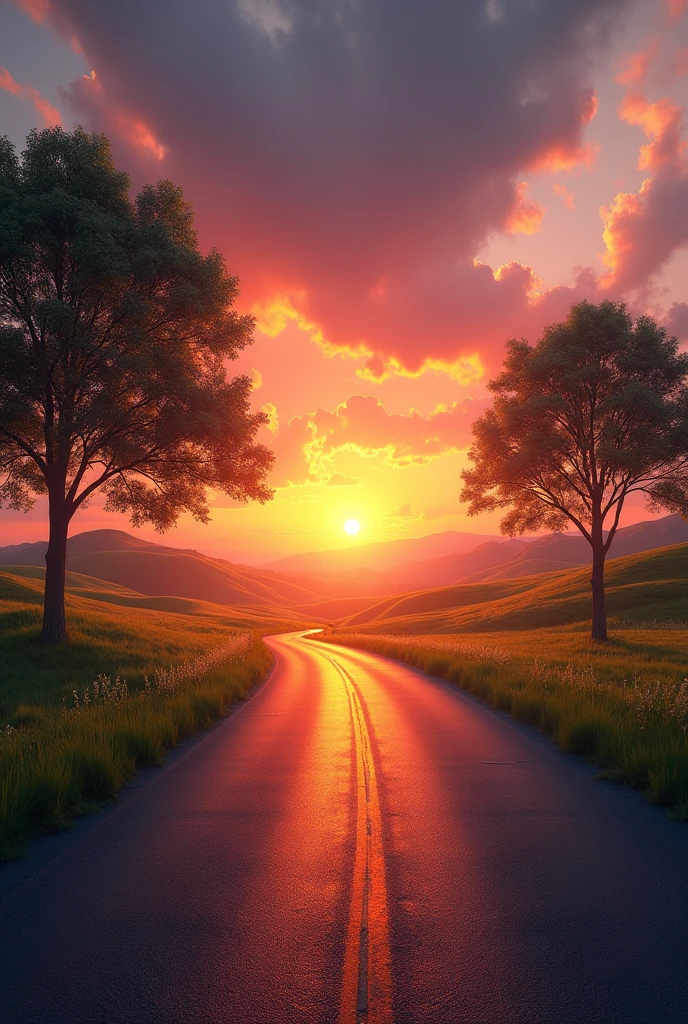 A road with the sunset at the end.