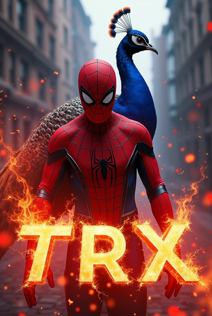 An Image with a spider man and a danger peacock with both in red and blue fire and TRX written in golden red Font in in the fore ground and Movies in the background