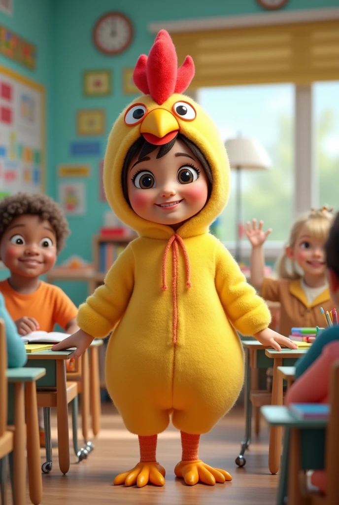 A teacher in a cute chicken costume in her classroom area