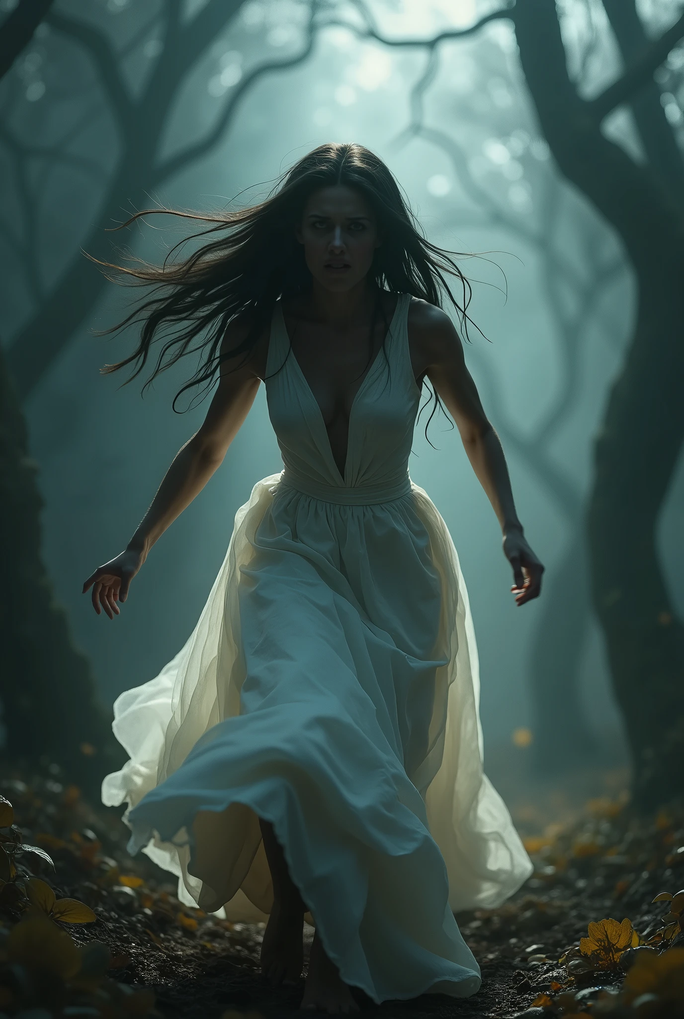 Bride in white wedding dress running into the dark, gloomy night of the forest, no light, scary trees , fear crying, Terror , dark haired , longye hair, Bblack hair, tears, tears, tears, tears, motion lines, Depth of field, backlighting, film grain, minimalism, 3D rendering, Expressionismo abstrato, Action Painting, apocalypto, artistic, 