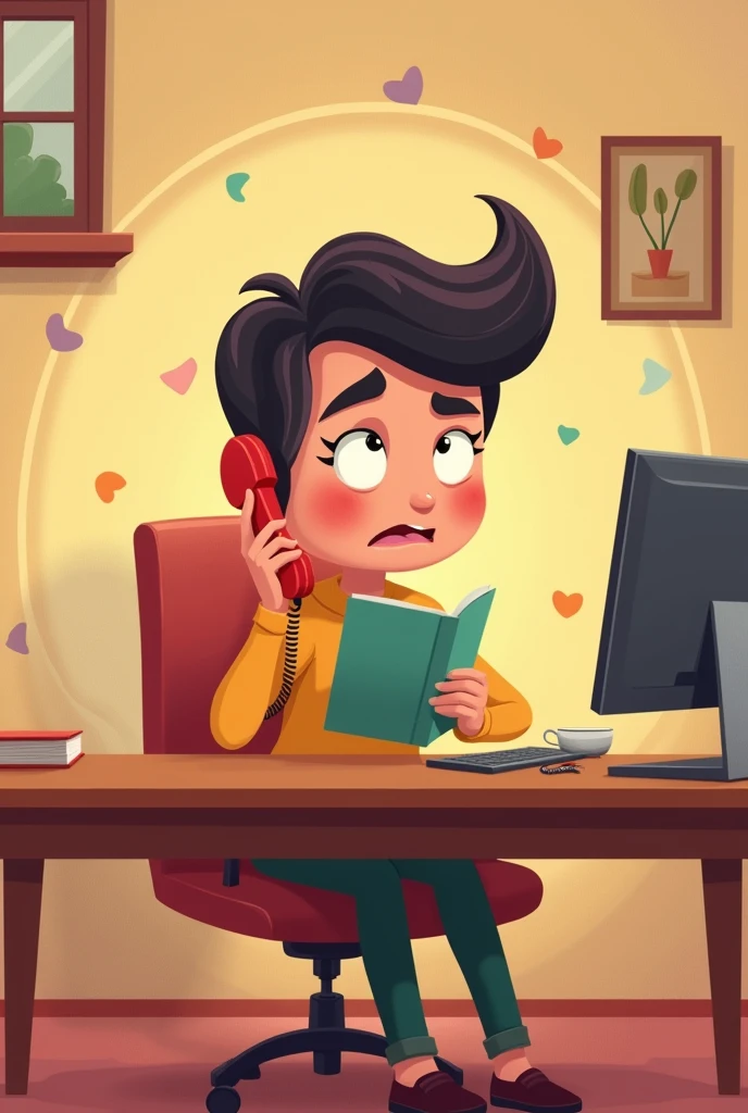 A humorous cartoon-style image of a person sitting at a desk, holding a phone with a confused expression. The phone is on speaker. The scene should be light-hearted with exaggerated, playful features, bright colors, and a whimsical background that hints at a mix-up. The setting is a cozy, warm room with simple furniture, and the person should look slightly bewildered but amused