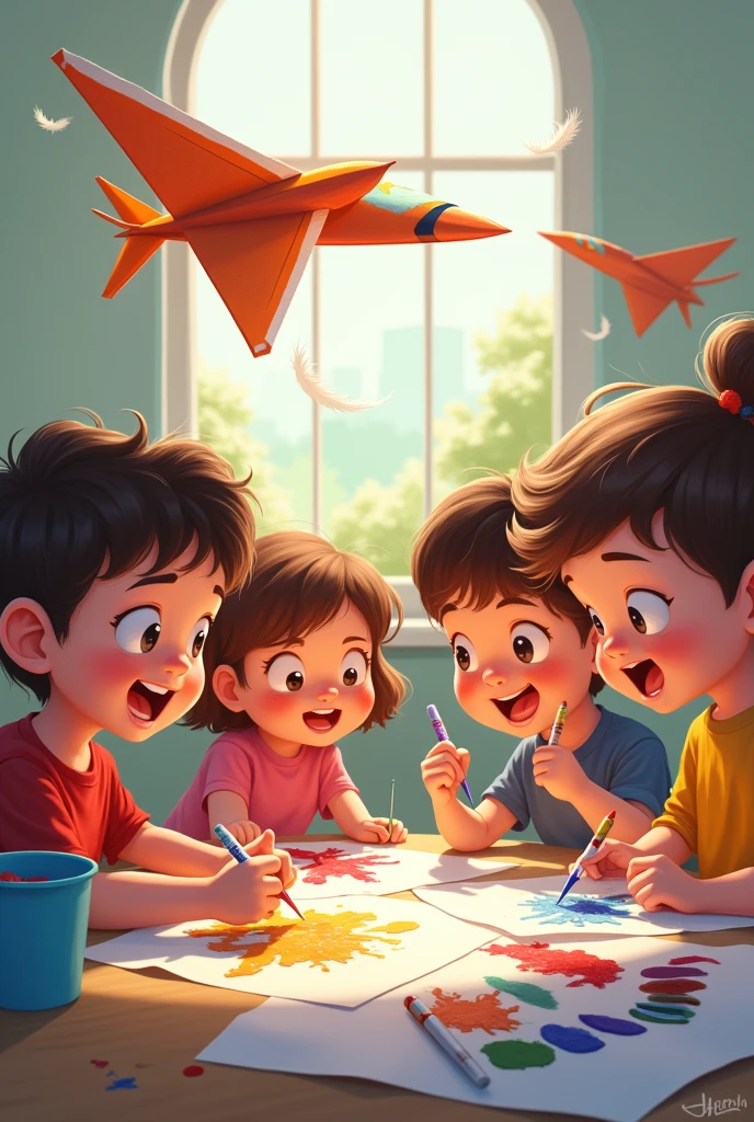 Create an image where there are children painting paper airplanes, Planes should be noticed while kids are having fun doing it
