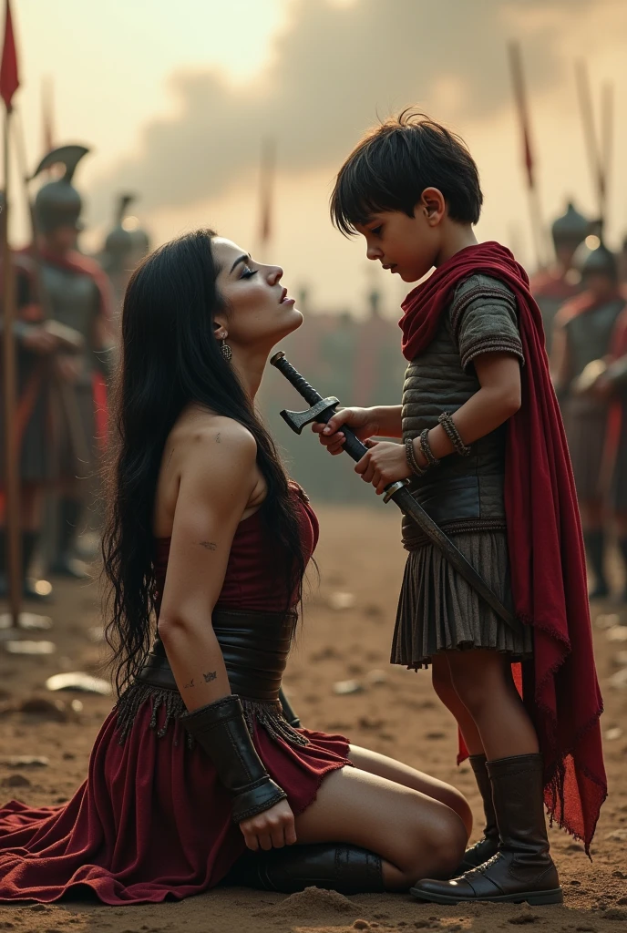 Realism, super quality, action battle photo style, defeated woman standing on her knees, her son is holding the the tip of the sword against woman's throat, stabbing her throat, her head is thrown back, woman has large masculine Adam's apple, (woman is a 30-year-old warrior, feminine face, gothic makeup, pale skin, long hair) (son is 12-years-old) roman empire fight