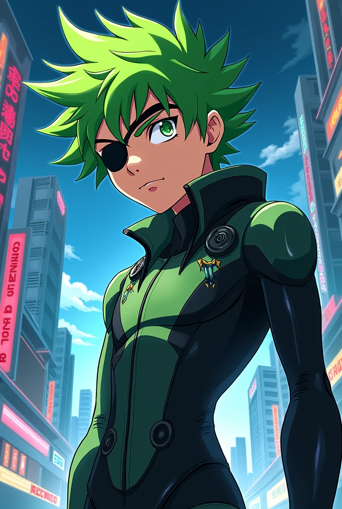 Anime beast boy with green hair and an eye patch