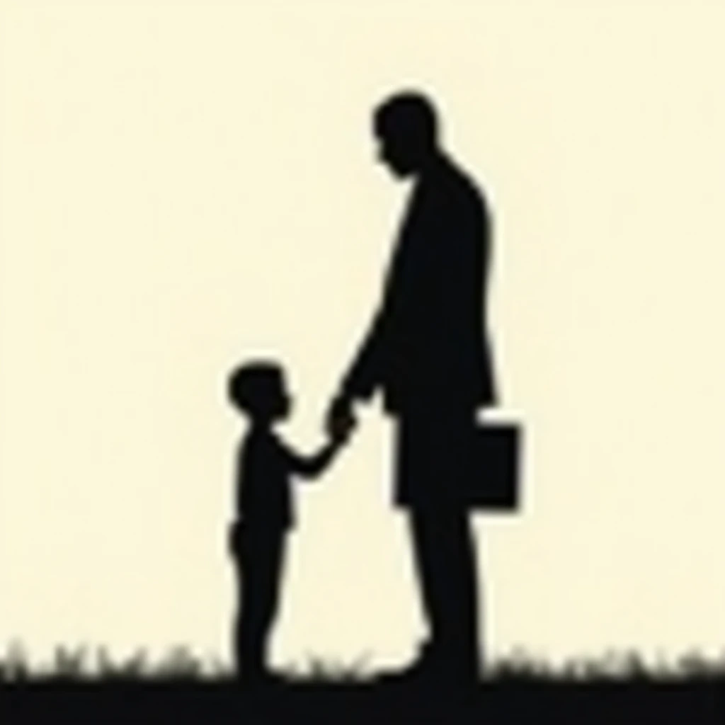 Create images of dark silhouettes of an adult man and a boy, holding hands. The man is holding a briefcase in his other hand. Silhouettes should be on a light background. Their figures should convey a sense of connection and mutual understanding between the characters. silhouettes