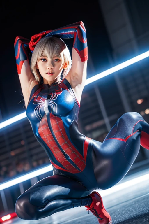 Spider-Gwen or Spider-Woman、She wears a sleek red and blue bodysuit with a web pattern。, red and blue skirt, Spider logo on chest. She is agile, Jump preparation pose, Stretch out one hand、Like trying to blow away the spider web