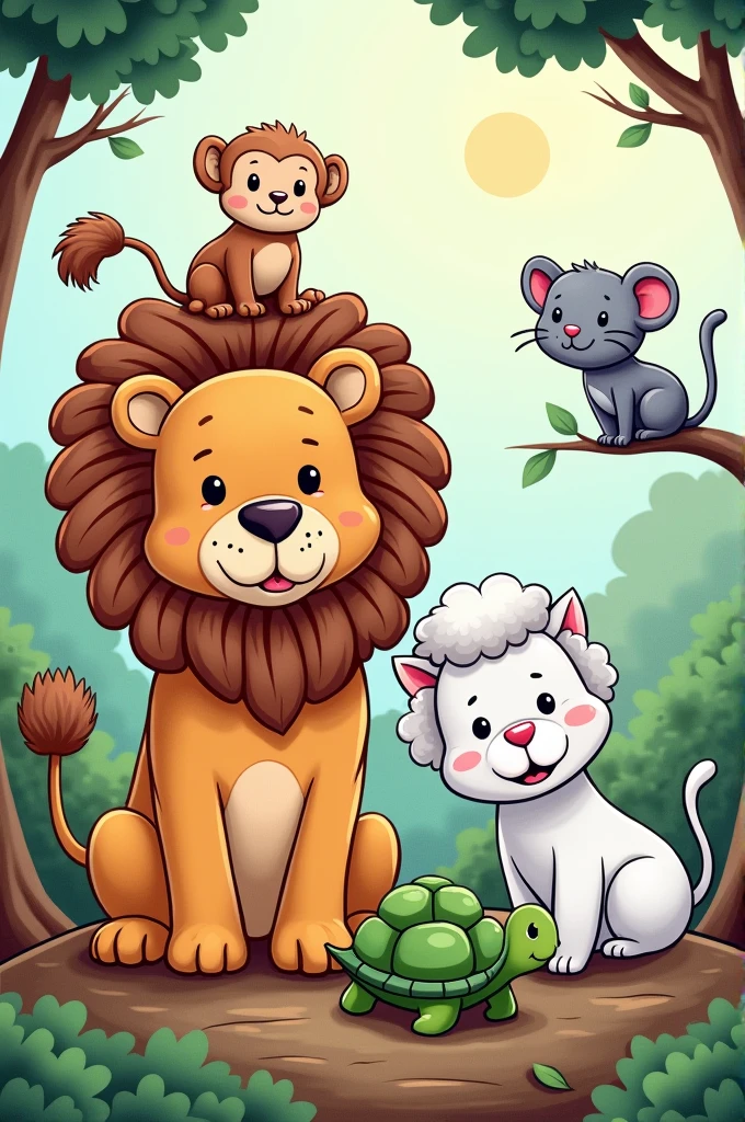 Book cover to color , with cute animals Brown dog Gray cat Lion White sheep Gray mouse Green turtle Brown monkey on top of the tree White and gray cat Colorful bird