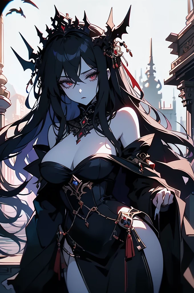 A strikingly elegant vampire in a nightmarish landscape, exuding an otherworldly allure that captivates onlookers. The main subject is a pale figure with flowing ebony hair and blood-red eyes, dressed in regal attire. This is a hyper-realistic digital painting that showcases impeccable detail and rich colors. The vampire's porcelain skin shimmers in the moonlight, contrasting with the shadows that cling to their every movement. The image conveys a sense of timeless mystique and eternal beauty, inviting viewers to immerse themselves in a world of darkness and seduction.