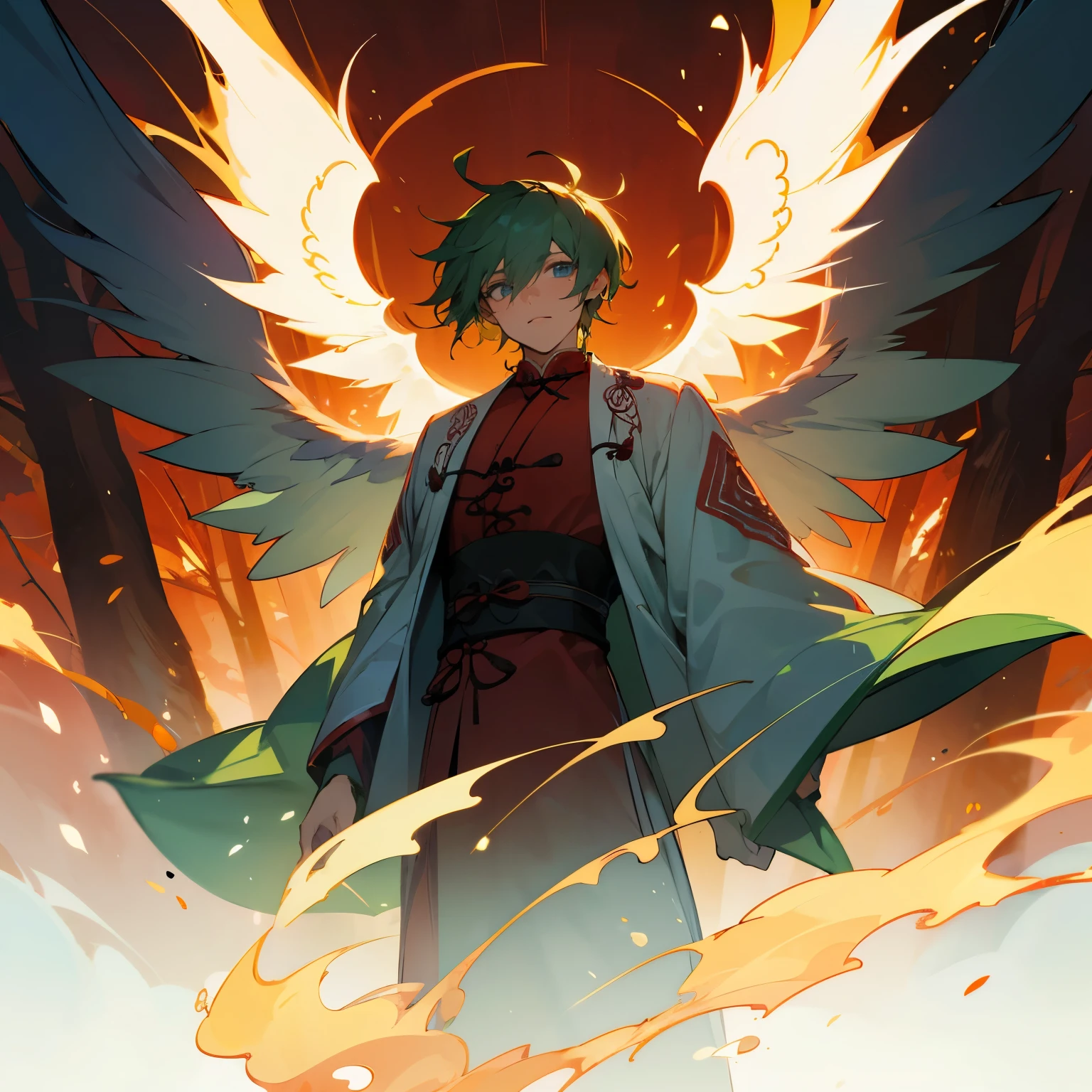 1male, Messy Green Hair , Blue Eyes , Red Angel Wings , Flaming Forest Background , Ancient chinese tao clothing , Adult Male