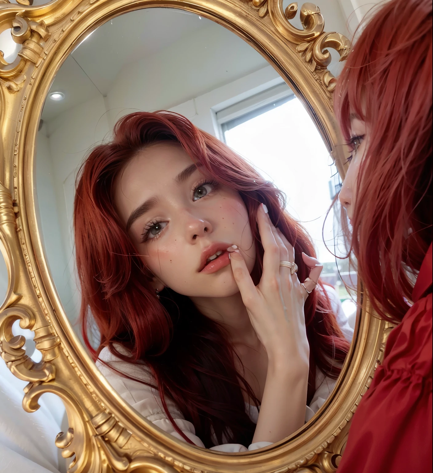 Red woman with long hair and piercings posing for a photo, with redlong hair, with long red hair, perfect white haired girl, ava max, tifa lockhart with white hair, pale porcelain white skin, anime girl in real life,  with white hair, extremely light blonde hair, very light blonde hair, with long blonde hair, her hair is white