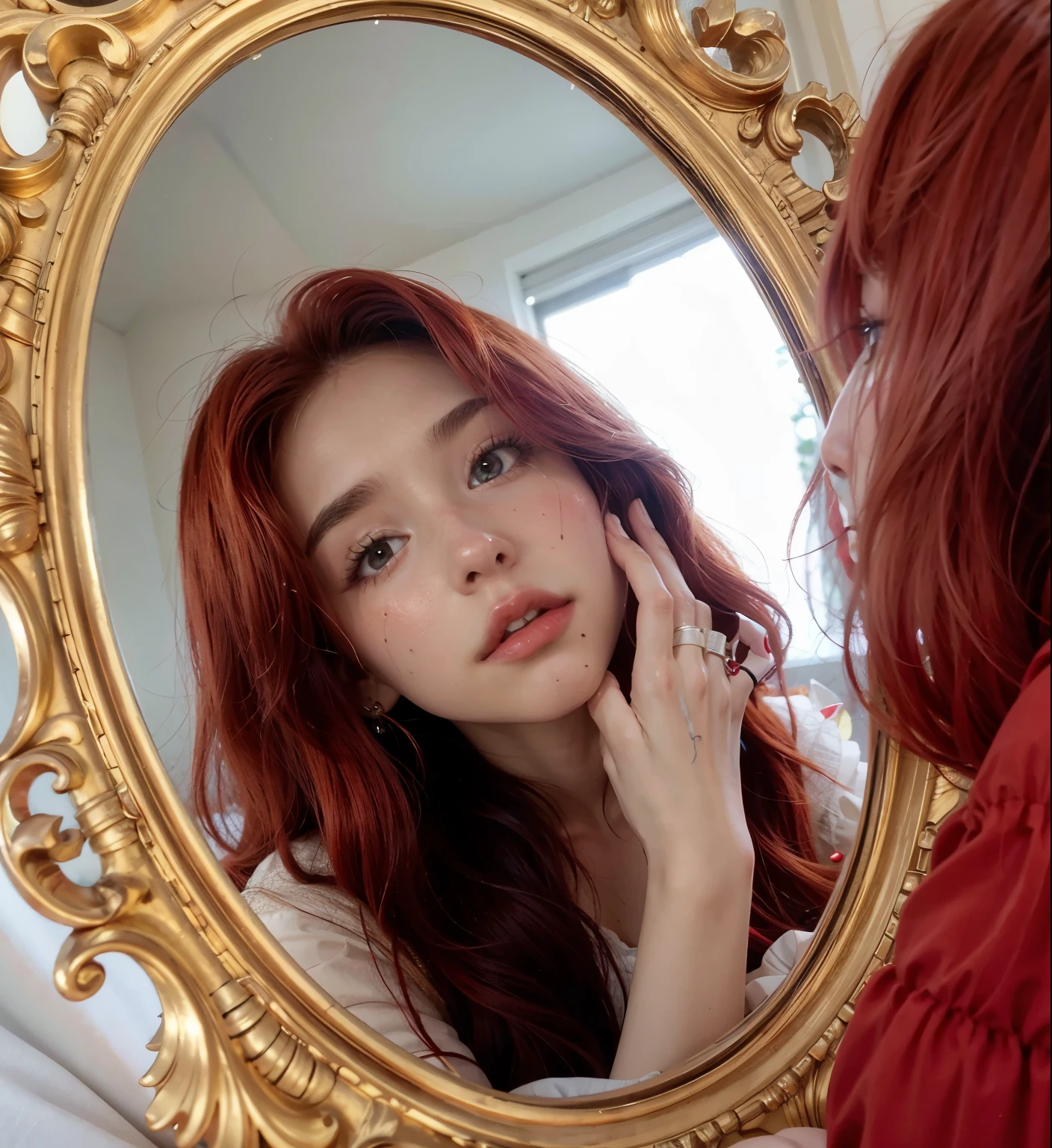 Red woman with long hair and piercings posing for a photo, with redlong hair, with long red hair, perfect white haired girl, ava max, tifa lockhart with white hair, pale porcelain white skin, anime girl in real life,  with white hair, extremely light blonde hair, very light blonde hair, with long blonde hair, her hair is white