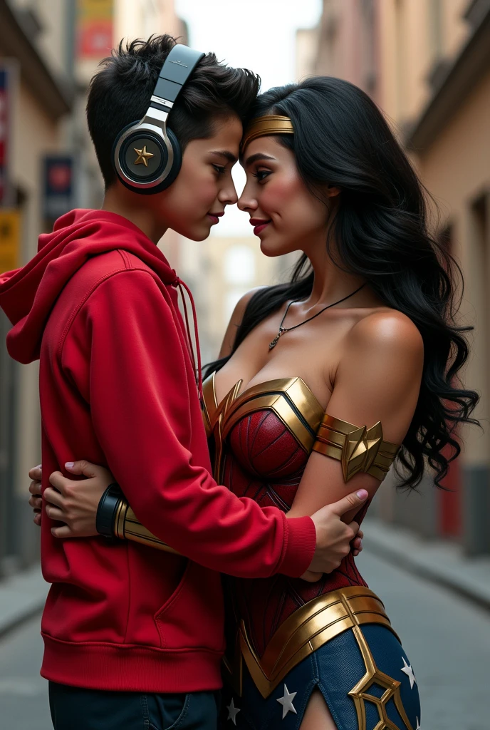Young boy with red hoodie, headphones and tennis, kiss at breasts of Wonder woman (Big tits), power, fiction, full body, 2 person, Romance, Embrace, looking at the camera