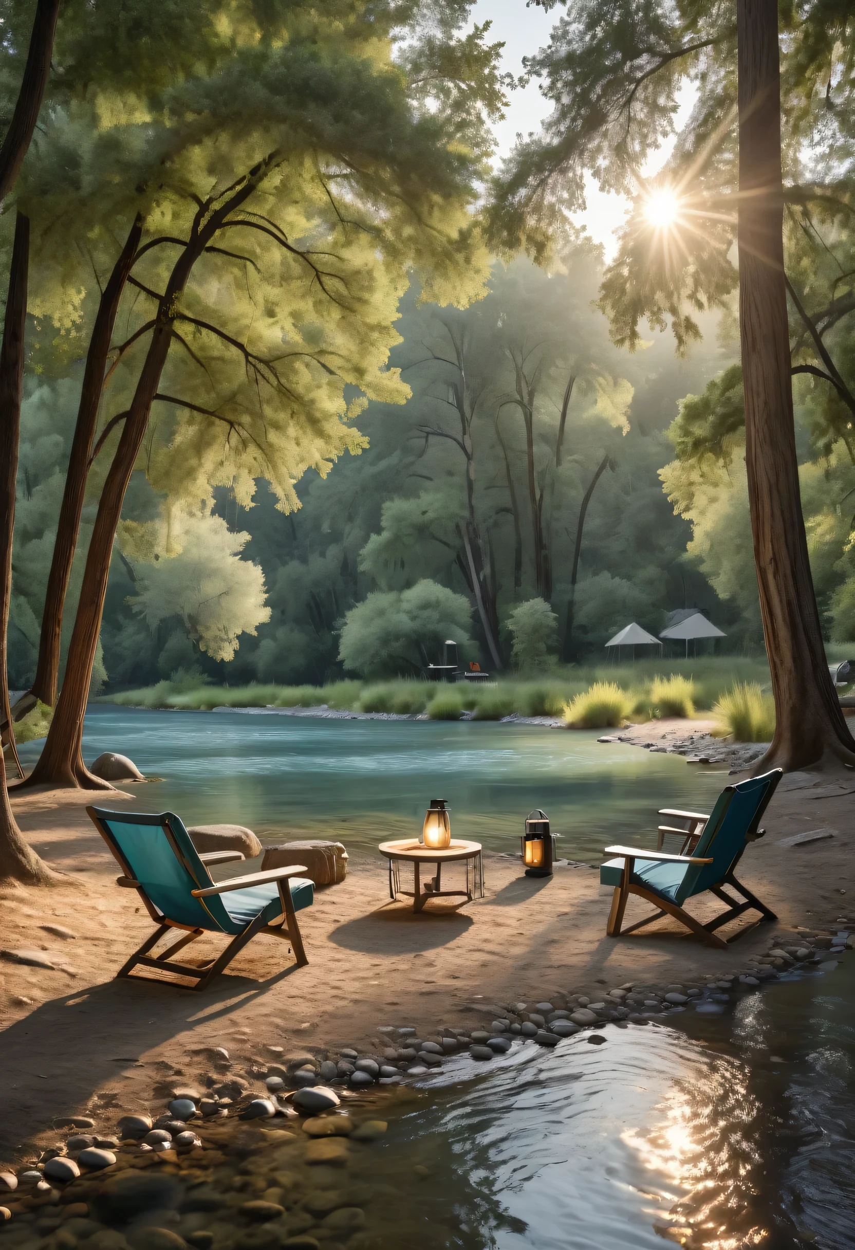 "Visualize a peaceful camping spot near a crystal-clear river, where two comfortable camping chairs are set up under the shade of tall trees. A cooler and a small table with a lantern sit between the chairs, and the gentle sound of the river adds to the calm atmosphere as dusk begins to settle in."