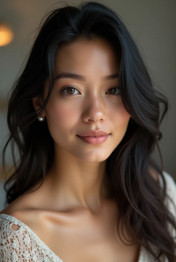 Portrait photoréaliste d'une femme française de 22 ans aux cheveux noir et aux yeux marron. Elle doit avoir une expression naturelle et être éclairée par une lumière douce. Sa peau doit ressembler autant que possible à la peau humaine. L'arrière-plan doit être un intérieur moderne. Capturez cette image avec une photographie haute résolution en utilisant un objectif 85 mm pour une perspective flatteuse.