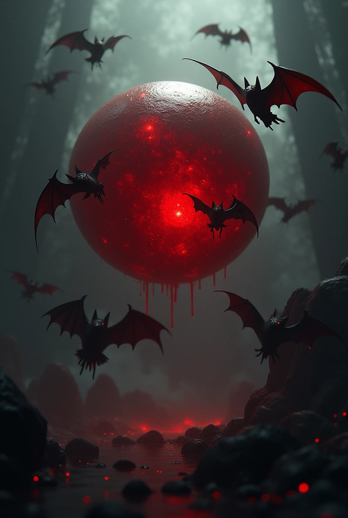 generates an image of a floating ball of blood and bats surrounding it