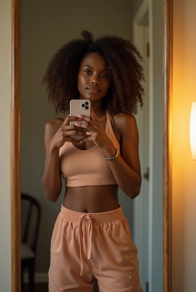 Fille noire devant le miroir avec le téléphone devant son visage et un jogging et pull crop top