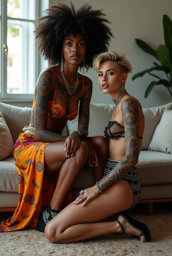 African milf  woman sitting on a sofa with separated legs, afro hairdo, serious face, wearing traditional colourful african clothes, barefoot, hands on shoulders of a white milf woman at her feet leanin back with chin up and open mouth in magazine fashion model pose. The white woman is to touch her girlfriend with her hands. The white woman is tattooed heavily (tattoed chest, tattoed neck, tattooed arms, tattooed hands, tattooed stomach, tattoed legs, tattoed feet). The white woman is very thin with well toned abdominals, pale (light grey hair, light green eyes, pale face, pale neck, pale chest, pale arms, pale hands, pale stomach, pale legs and feet). White woman  in chic rock fashion: pouf with top bun and shaved sides, colourful bandana as headband. The white woman wears and a lot of metallic necklaces and pendants, black push up lace bra, skinny black low rise leather jeans. The white woman wears a loose wide studded leather belt and a lot of wide metallic bracelets, black lace push up bra, barefoot. In an expensive modern apartment 