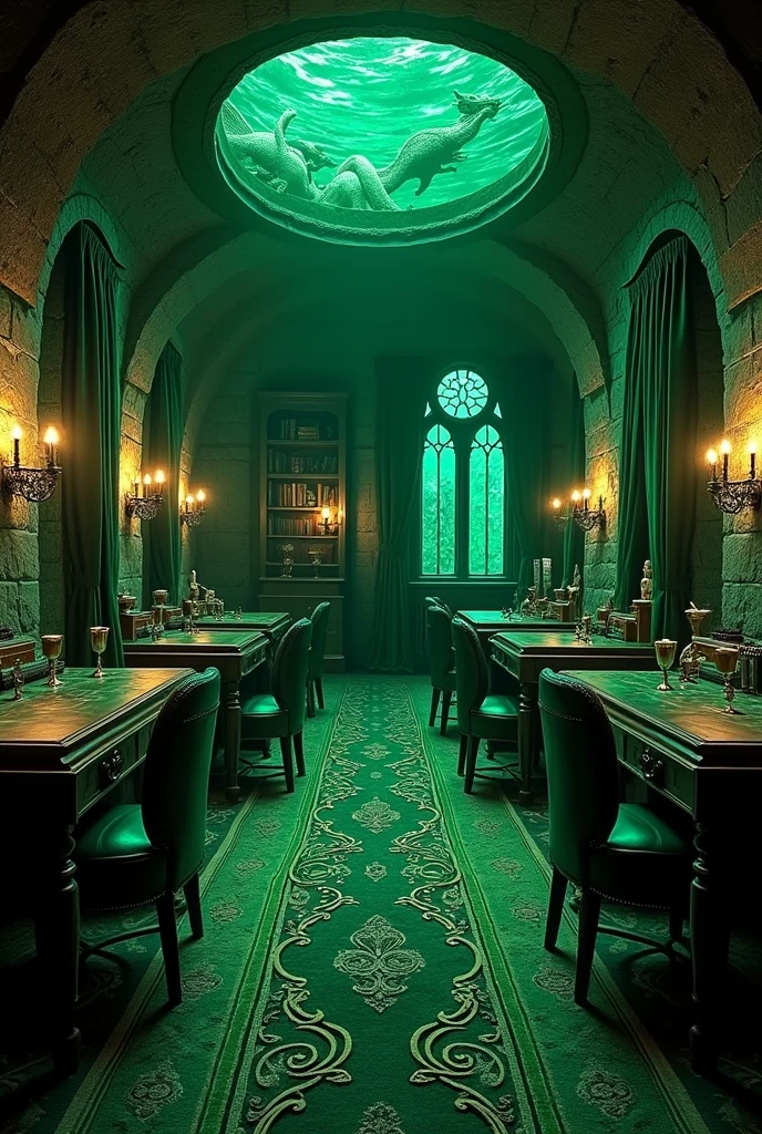 Dormitory for 10 people:(The Slytherin dormitory is illuminated by a soft green light that has passed under the water of the lake. This green light gives the room a cold and mysterious feel. Metallic wall lamps, shaped like snakes, that glow with magical green light, contribute to the overall lighting of the room.)2. walls and ceilings:(The walls are made of dark, moist stones adorned with velvet coverings, spiral patterns, and snake designs. The ceilings of the rooms are designed to resemble the bottom of the lake, sometimes the slow movement of the water and the shadows of fish can be seen on the ceiling.)3. The furniture:
The furniture خوابگاه اسلیترین به سبک قدیمی و با طرحهای پیچیده ساخته شدهاند. Dark wooden beds with heavy, velvet green curtains make up the main part of the room. These beds are arranged so that each one has a private space with closed curtains.)(The desks are made of dark wood with silver embellishments that are consistent with the comfortable, dark green leather chairs. These tables are perfect for studying and performing magical tasks.)(4. decorations and details:
On the walls, Slytherin banners with the emblem of their legendary serpent are prominently displayed. Bookshelves are filled with magical and mysterious books, and in the corners of the room, silver goblets, small serpent sculptures, and decorative objects related to Slytherin's history and achievements can be seen.)5. carpets and flooring:(The flooring is made of cold, dark stones, but green and silver carpets with swirling and regal patterns cover parts of the floor, adding warmth to the space.)6. windows:(اگرچه زیر دریاچه قرار دارد، اما windowsی خوابگاه به گونهای جادویی طراحی شدهاند که میتوان از آنها منظره زیر آب را مشاهده کرد. این windows، نمایی از دنیای زیر آب دریاچه را به نمایش میگذارند که گاهی اوقات موجودات دریایی نیز از آنها عبور میکنند.)The Slytherin dormitory, with its mysterious and magical arrangement, is a suitable place for those who seek power, secrets, and ambition, and it perfectly aligns with the personalities of the members of this house.Digital style
