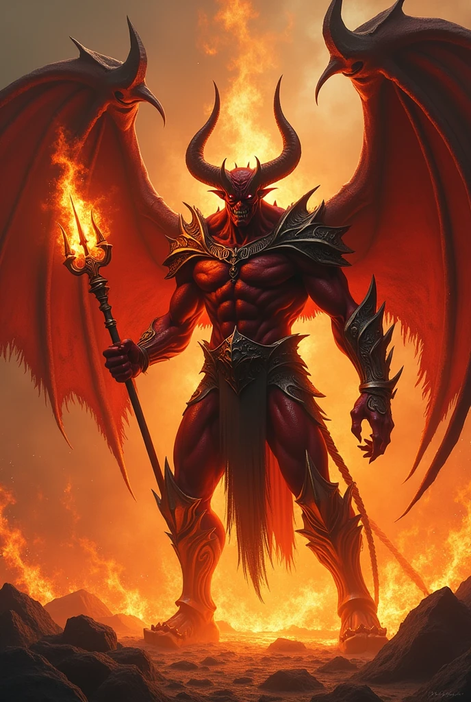 Hellfire scene, Fiery demon, humanoid, tons of fire, holding flaming trident, scary, humanoid, black devoid eyes, detailed demonic armor, strong pose, angry, hatred, evil look, facing me, fire, devil wings, roaring, ultra detailed, hyper realistic, photo realism
