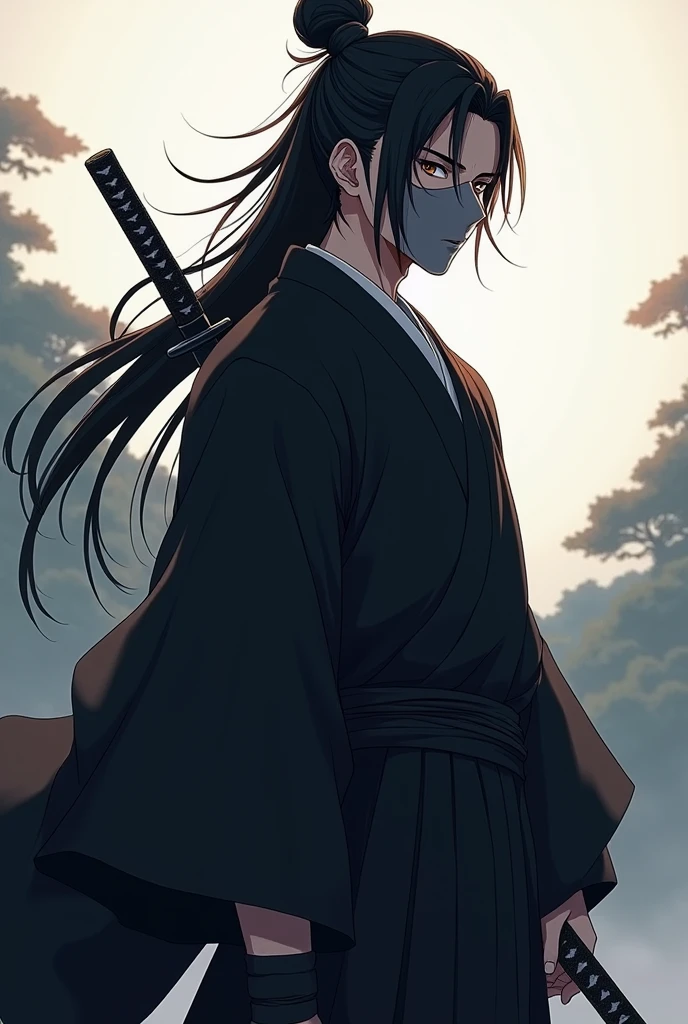 Create an anime style male character wearing a black haori with long black hair tied up with a gray mask