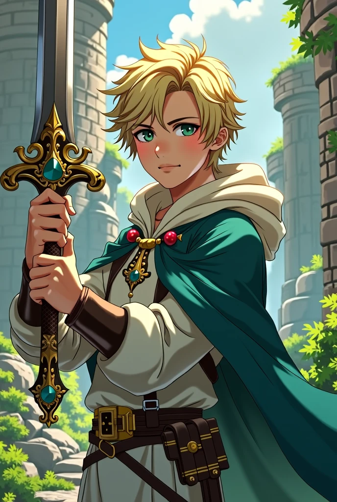 Japanese anime style: Young man with blond hair and green eyes, wears casual medieval clothing, holds a sacred sword and has a determined look but has a gentle expression for being young