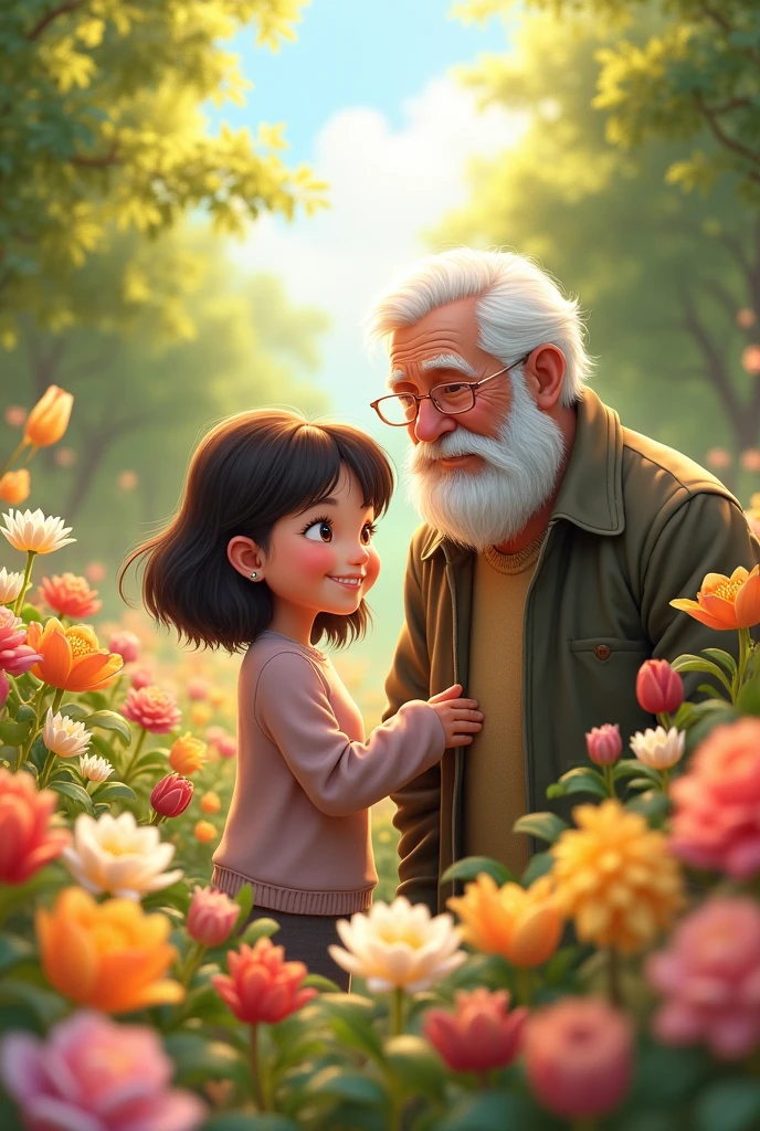a girl with chocolate colored hair without bangs with MEDIUM hair, He is in an orchard talking to his grandfather, his grandfather without glasses, without a jacket, He has white hair and beard and is surrounded by many flowers LIKE DAISIES, CARNATIONS, tulips, ORCHIDS And they observe the grandfather and the girl