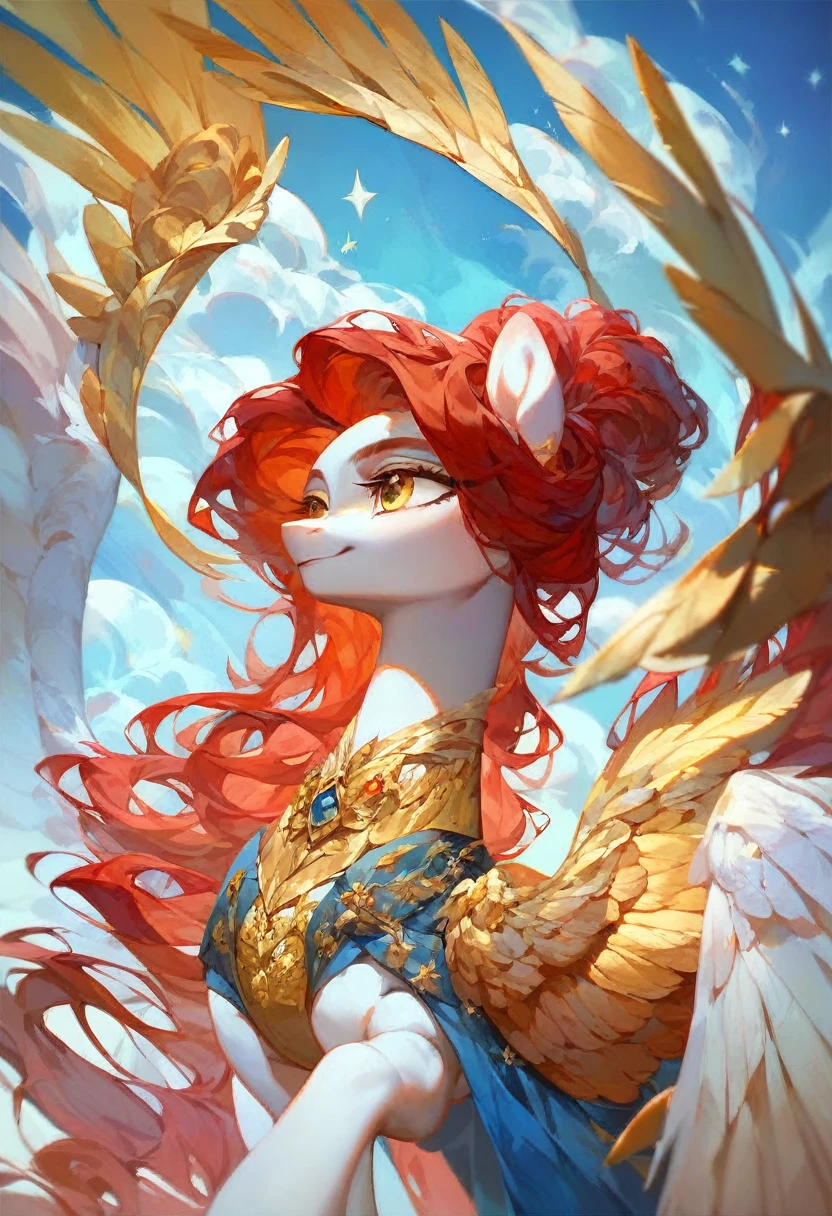 (work of art, Maximum quality, best qualityer, offcial art, beautiful and aesthetic:1.2), A pony with a long red mane, long straight red hair, Caucasian skin, gold eyes, pegasus wings, royal clothes.