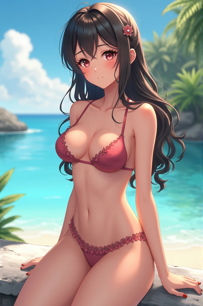 Draw an anime girl with an attractive physique, a little voluptuous in a trikini