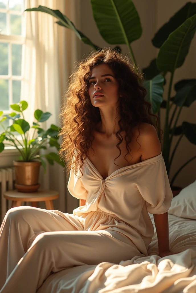 (photorealism:1.2), beautiful woman, sitting on bed, wearing loose off-shoulder top, pajama pants, long curly hair, indoors, soft lighting, plants in background, window with sunlight, cozy room, relaxed pose, realistic, intricate details, warm colors, by Greg Rutkowski, by Alphonse Mucha
necesito una caratula para un trabajo de derecho civil y comercial

