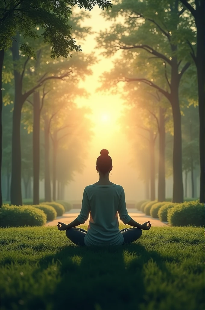 Image of a person meditating in a quiet park at sunrise