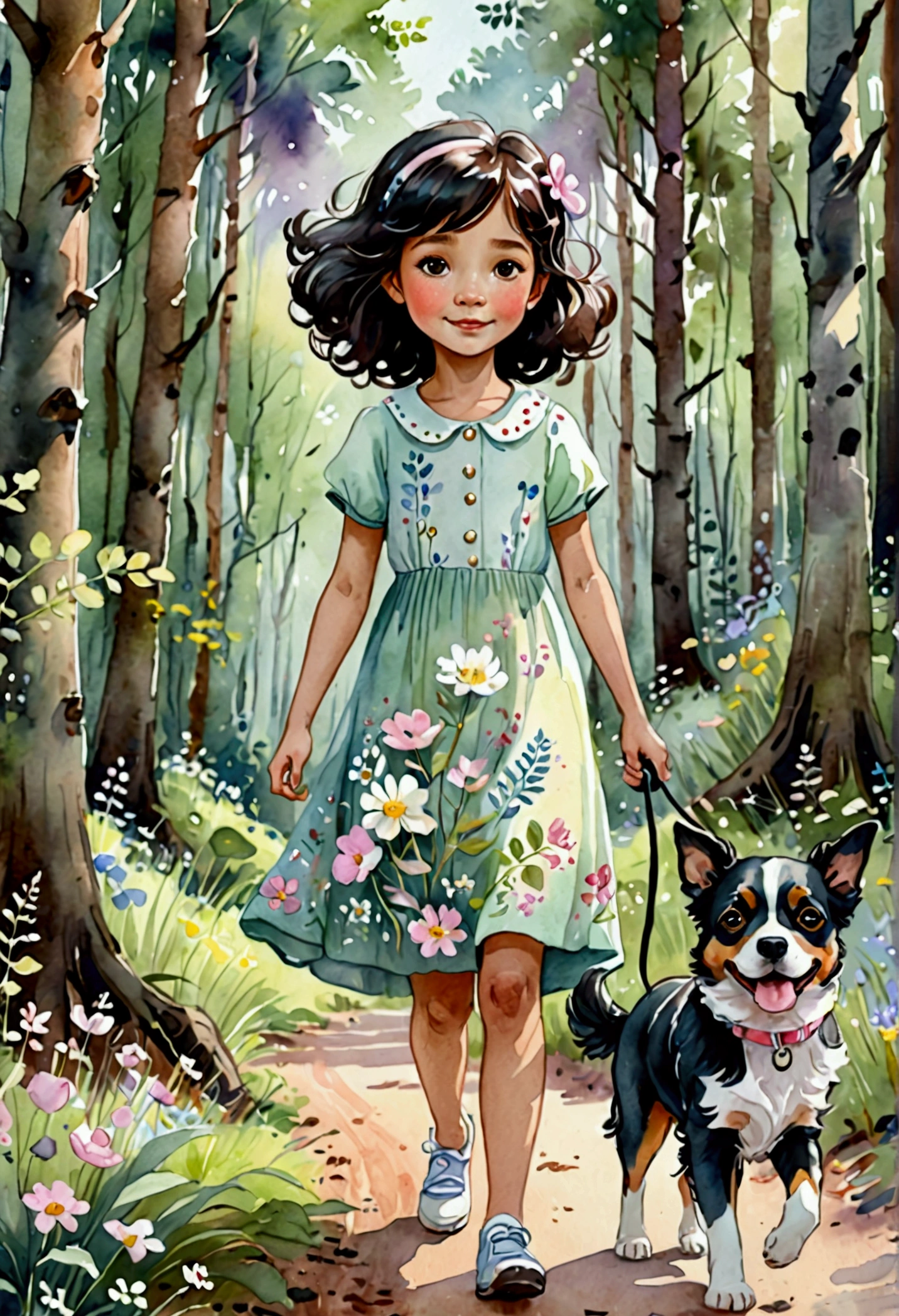 Cute cartoon, a beautiful walking in the forest with her dog, blackquality hair, delicate and happy face, enchanted facial expression, espiritual, dreamy portrait style, delicate flowers, delicate soft colors, shabby chic, sleepycore, watercolor style, tons pastel