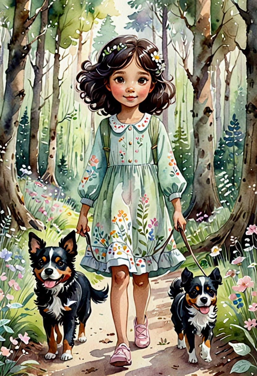 Cute cartoon, a beautiful child walking in the forest with her dog, blackquality hair, delicate and happy face, enchanted facial expression, espiritual, dreamy portrait style, delicate flowers, delicate soft colors, shabby chic, sleepycore, watercolor style, tons pastel