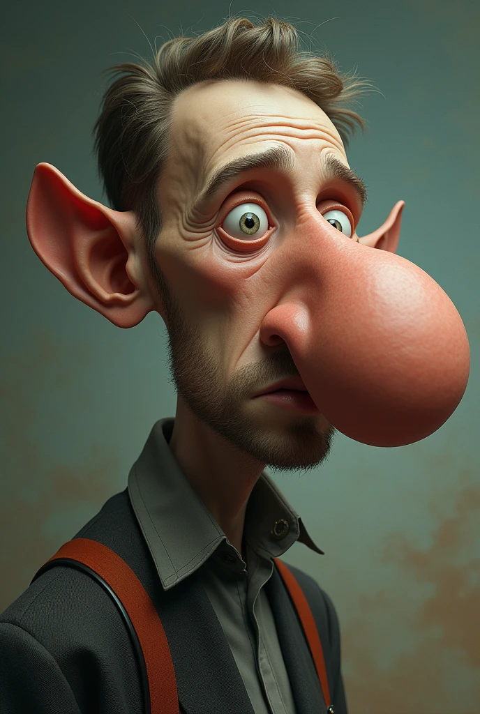 Create an image of a slightly skinny guy with a nose so big that it sucks the oxygen out of the entire world
