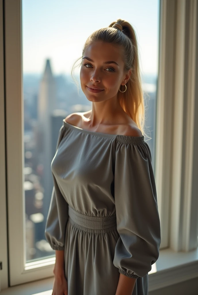 Hyper-realistic close-up photo of Emily Sears, masterpiece, Best Quality, (photorealistic:1.4), Whole body, (modest grey dress with boat neck and long angel sleeves1.2), modern apartment in new york, View from the windows to the light of the New York sky., sunny day, cinematic light, beautiful woman, skinny, big big breasts, blonde hair ponytail, detailed face, smile, in front of the camera, photo taken from a distance, age 20 years,