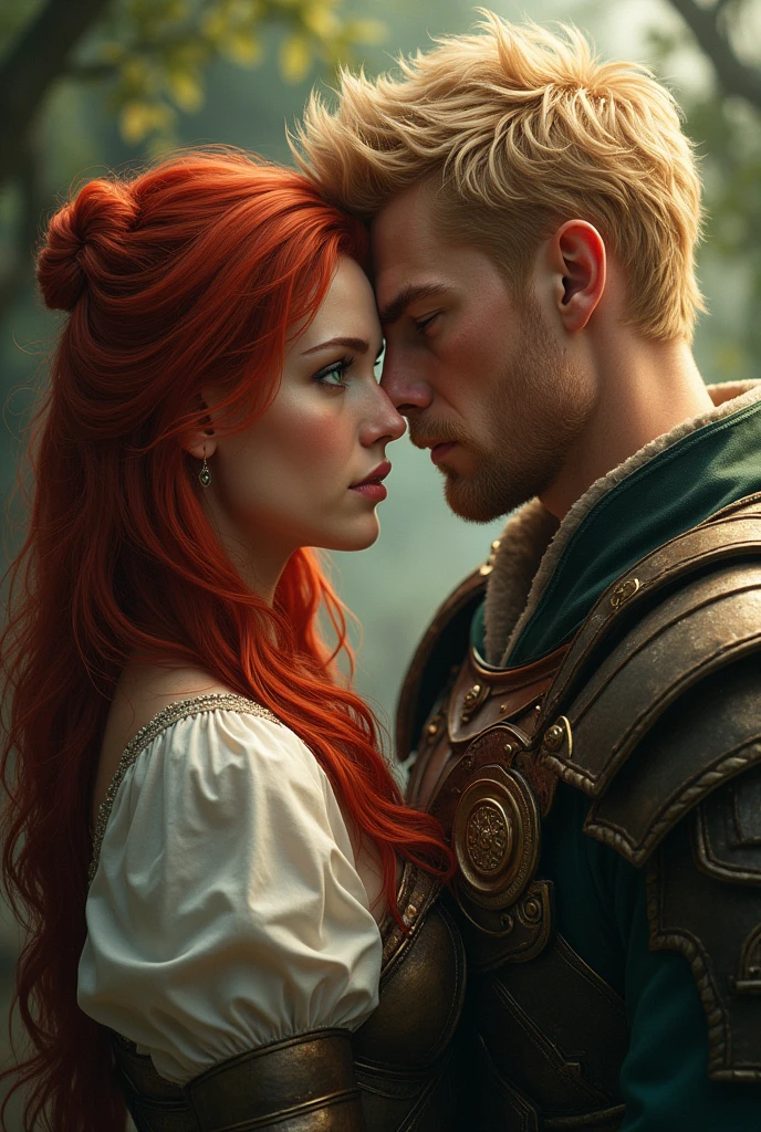 beautiful female warrior with red hair and green eyes, In a love triangle with two male warriors, one with long red hair, and another blond guy seduced her. Change the face of man , save everything else